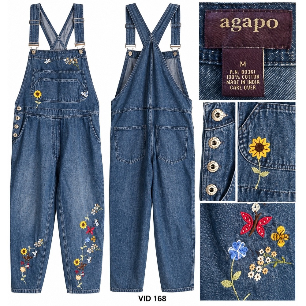 VID 168 Agapo Denim Overalls M Floral Butterfly Embroidered 90s Y2K Cottagecore
